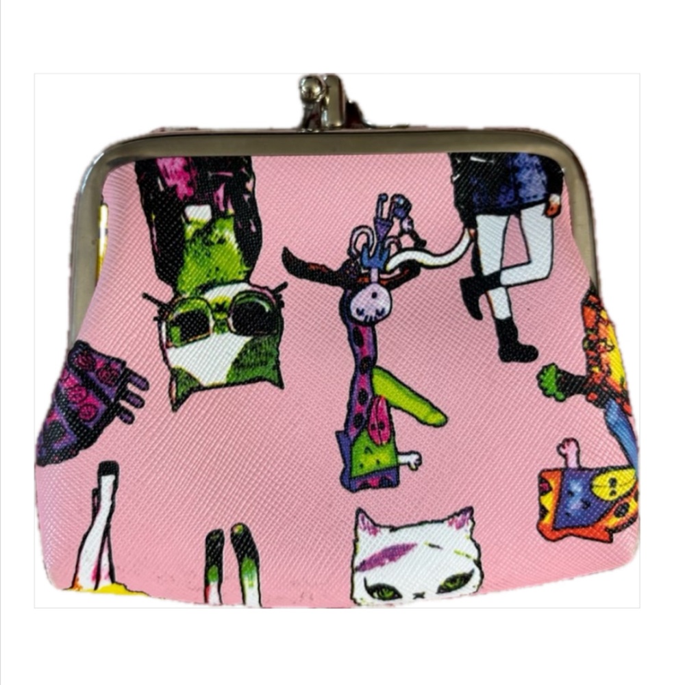 Kitty Cat Pink Print Coin Purse card wallet whimsical fun with a kiss clasp Meow